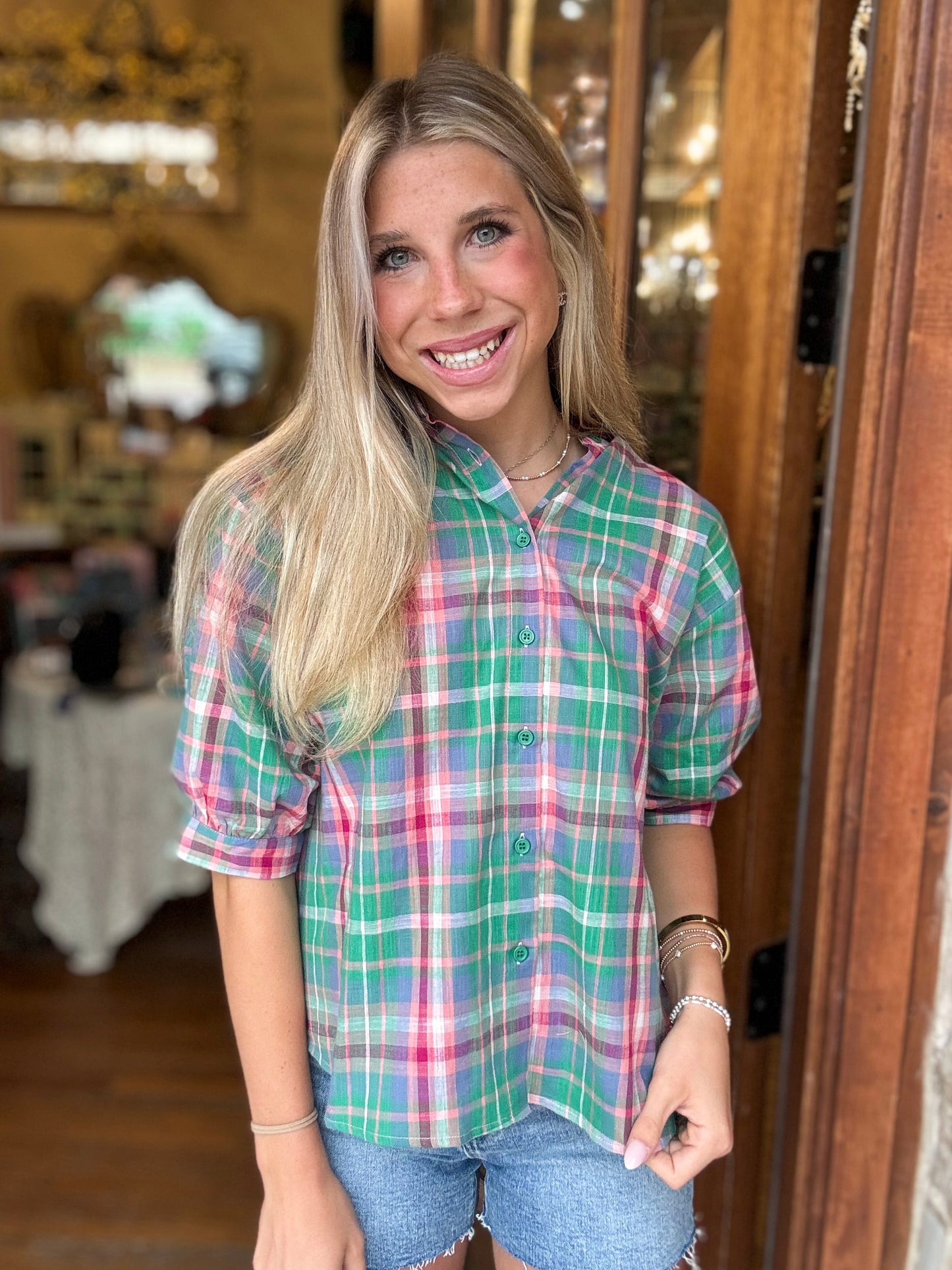 Blouse - Plaid Collared Button Front