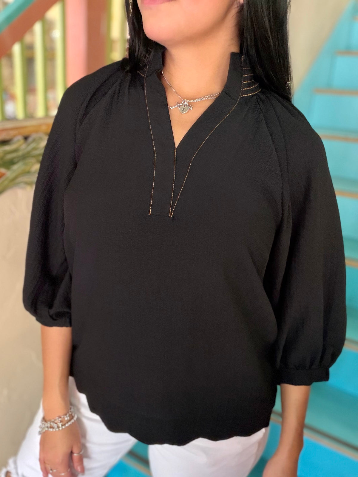 Blouse - Black Scallop Balloon Sleeve