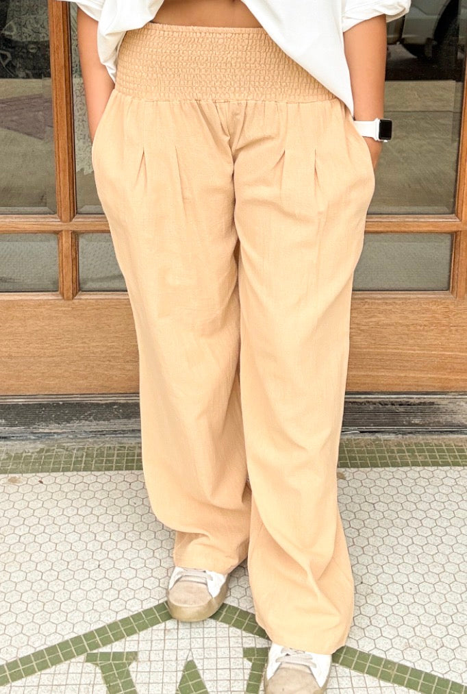 Trousers - Camel Smocked Wide Leg