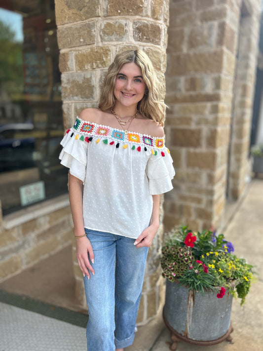 White Tassel Crochet Floral Off Shoulder Ruffle Sleeve Top