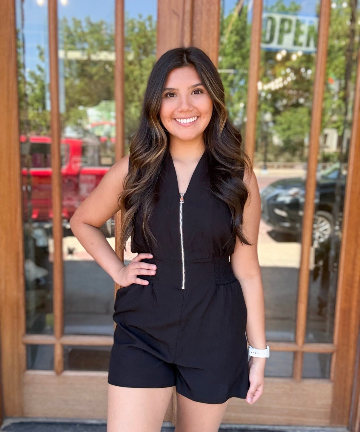 Romper - Smocked Sleeveless Front Zip