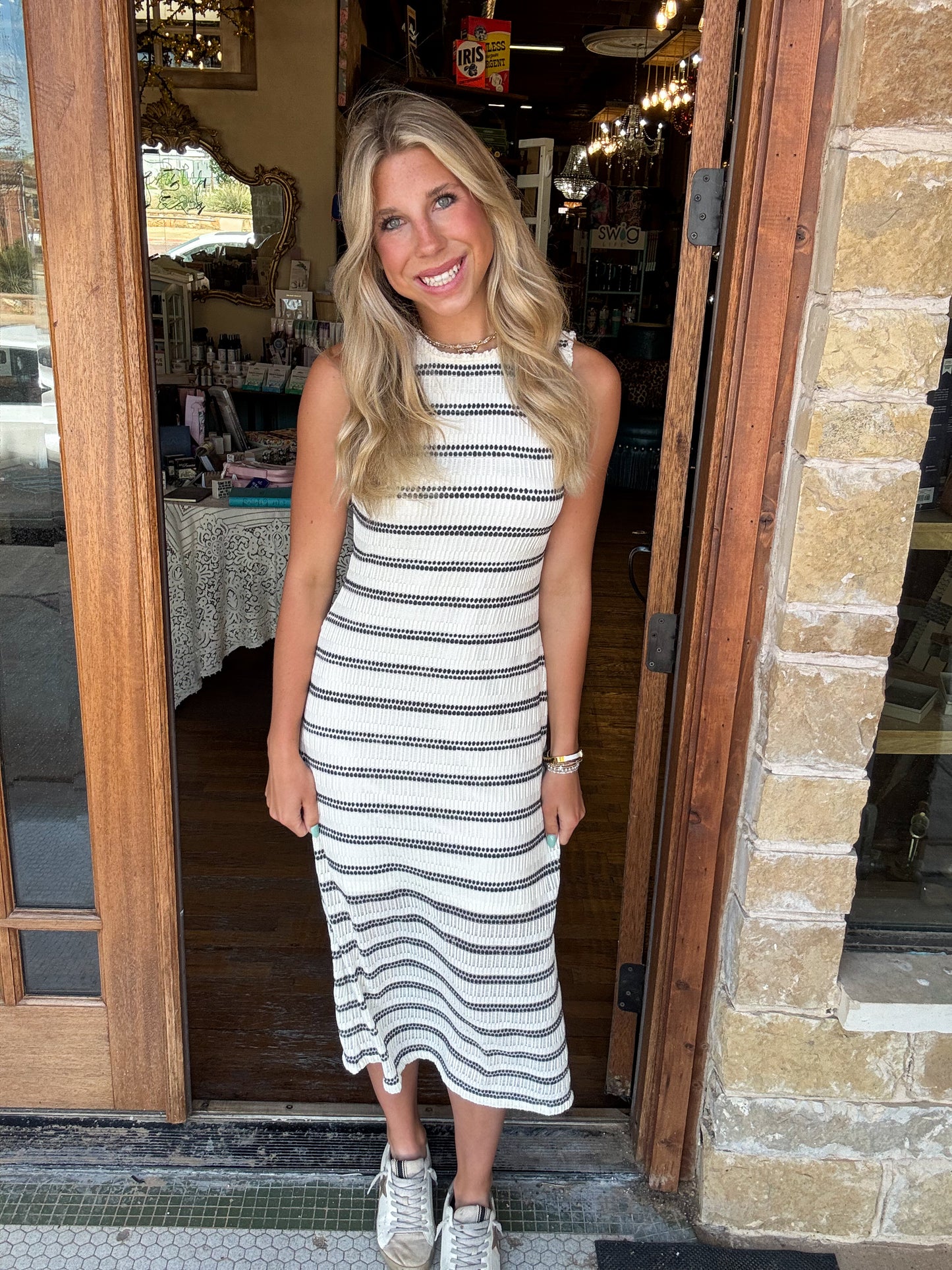 Ivory Stripe Lace Midi Dress