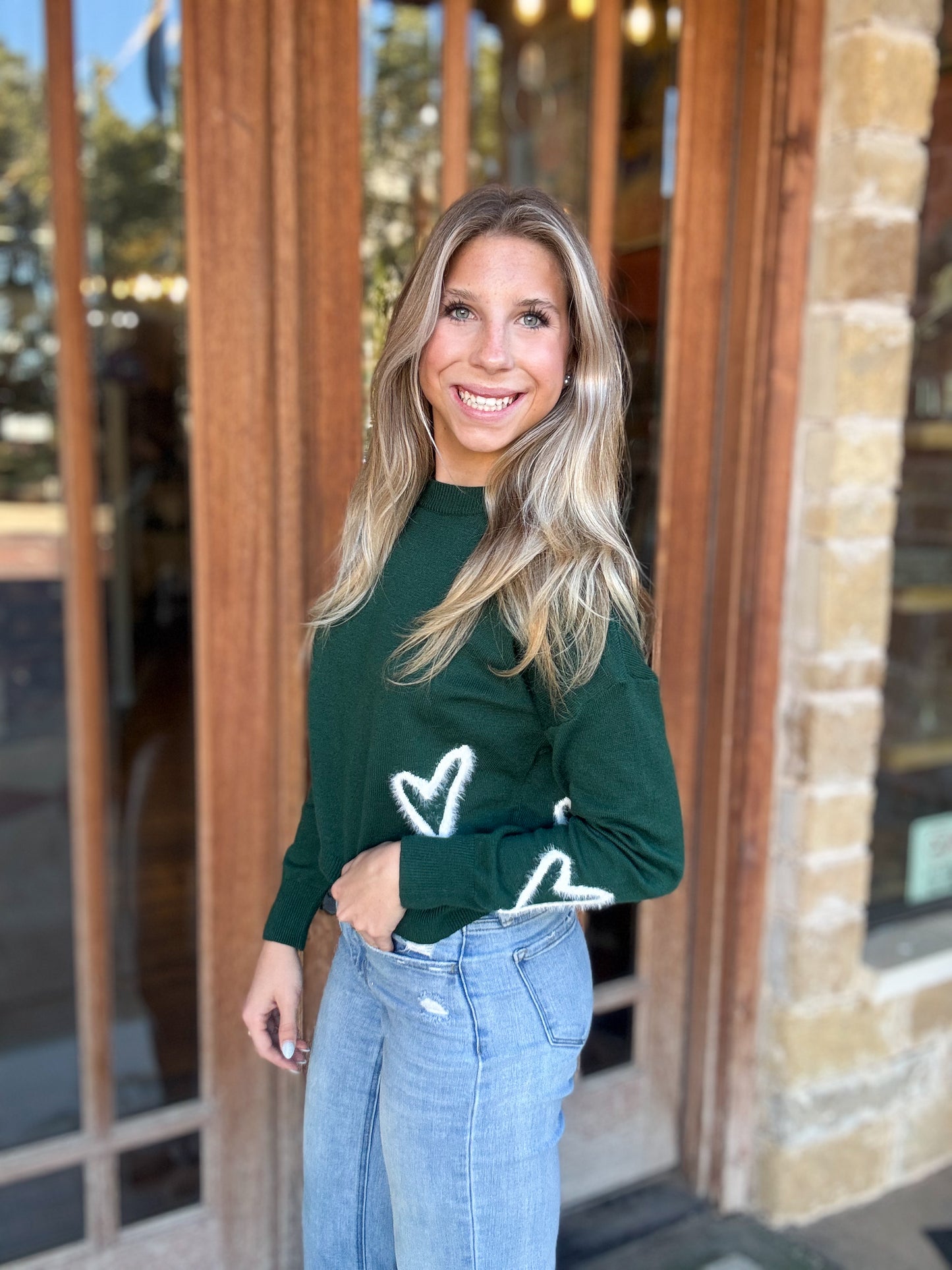 Tops | Sweater Pullover Hunter Green With White Heart Outline