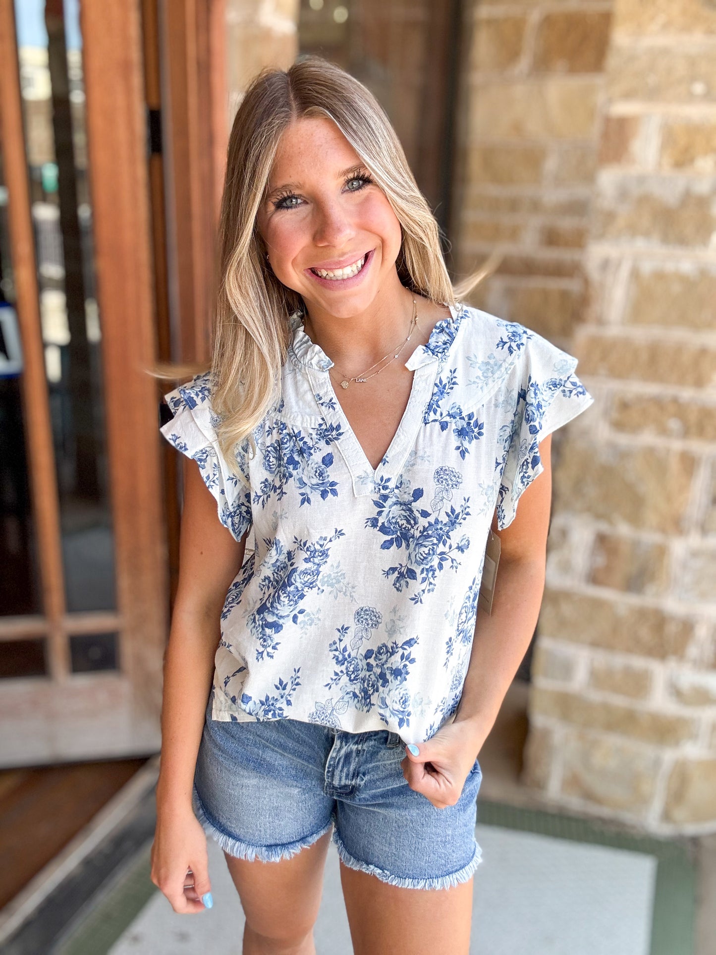 Tops | Tru Luxe Blouse Blue V-Neck Short Flutter Sleeve