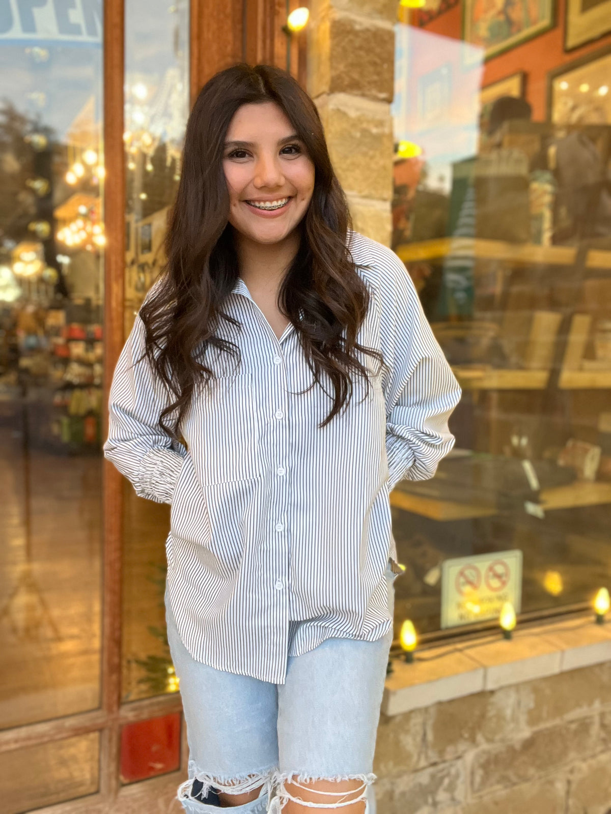 Tops | Black Smocked Cuffed Striped Boyfriend Shirt With Pocket