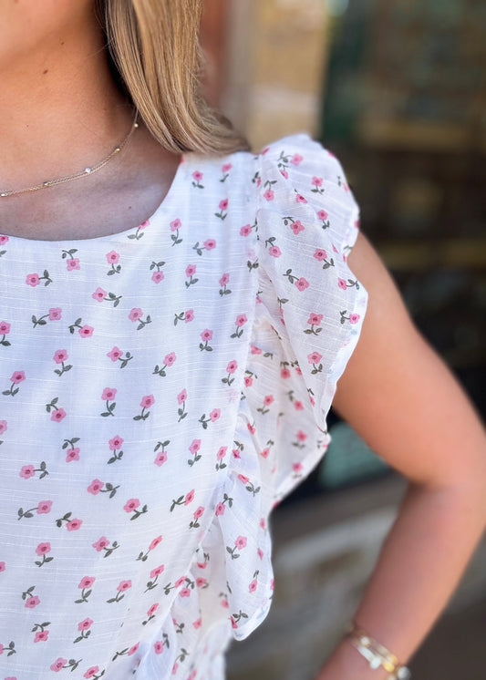 White Ditsy Floral Print Ruffle MIni Dress