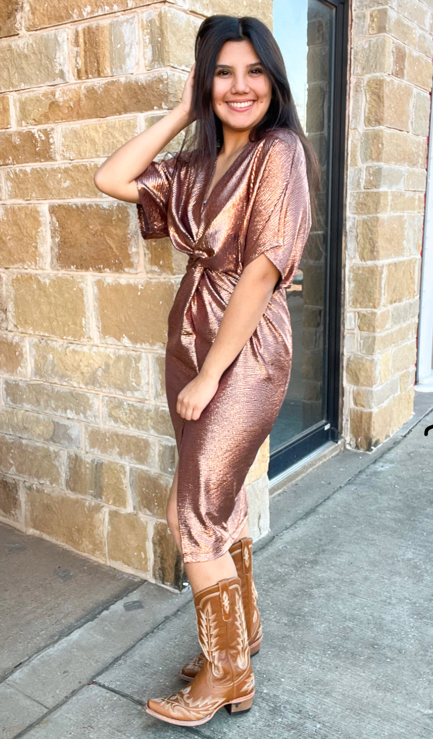 Dress | Rose Gold Midi Knot Dress with Half Sleeves Front Slit