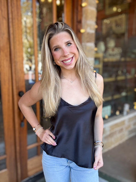 Cami Black Satin V-Neck