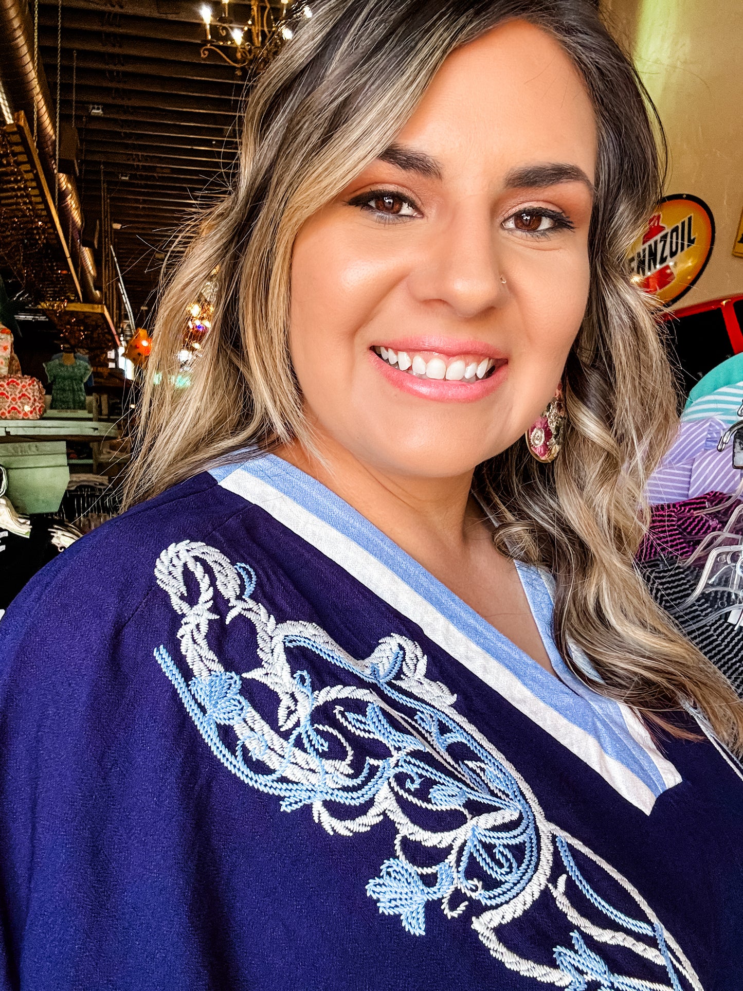 Umgee Blouse - Navy Embroidered V-Neck