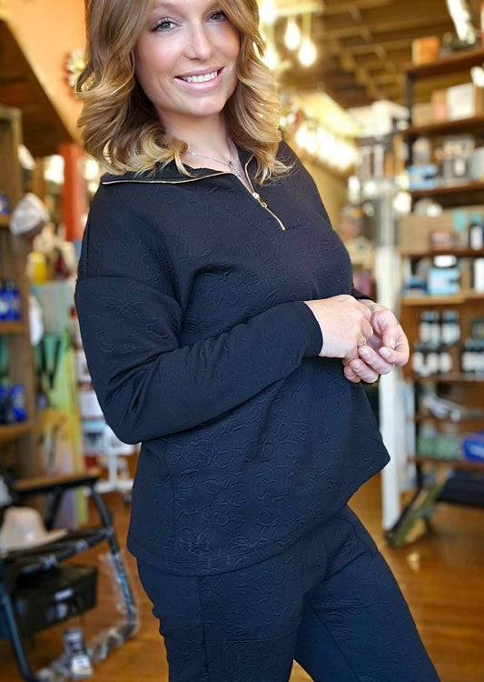 Set - Black Floral Quarter Zip & Pants
