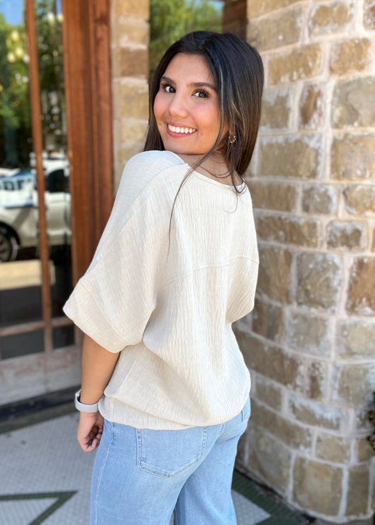Taupe Textured Fabric Loose Fit Short Sleeve Top