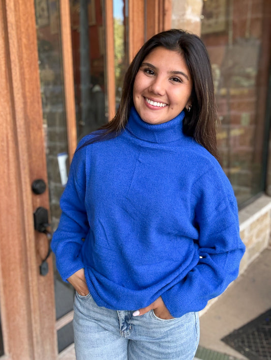 Top | One Size Fits All Blue Loose High Neck Pullover Sweater