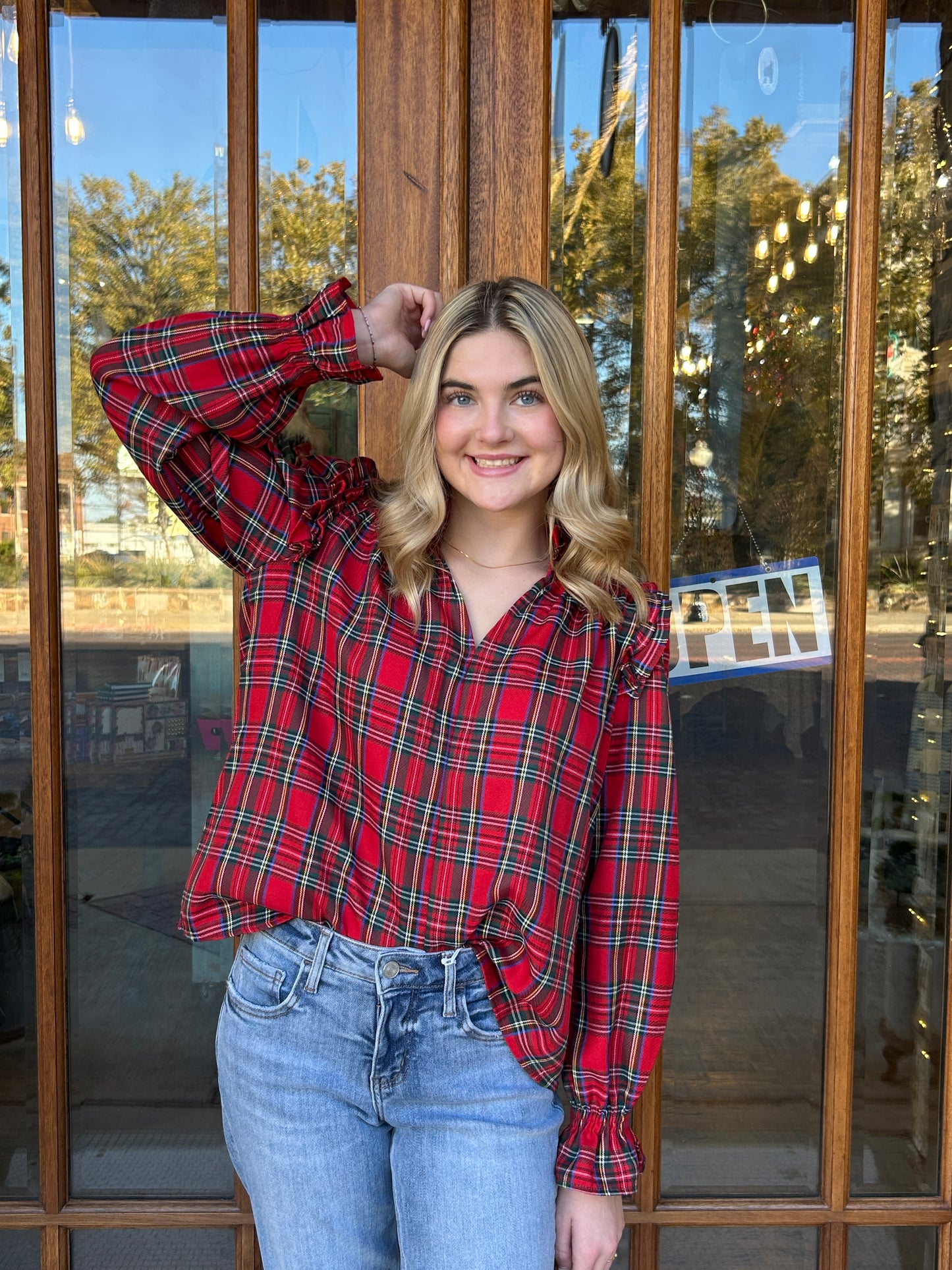 Christmas Checkered Plaid Smocked Top