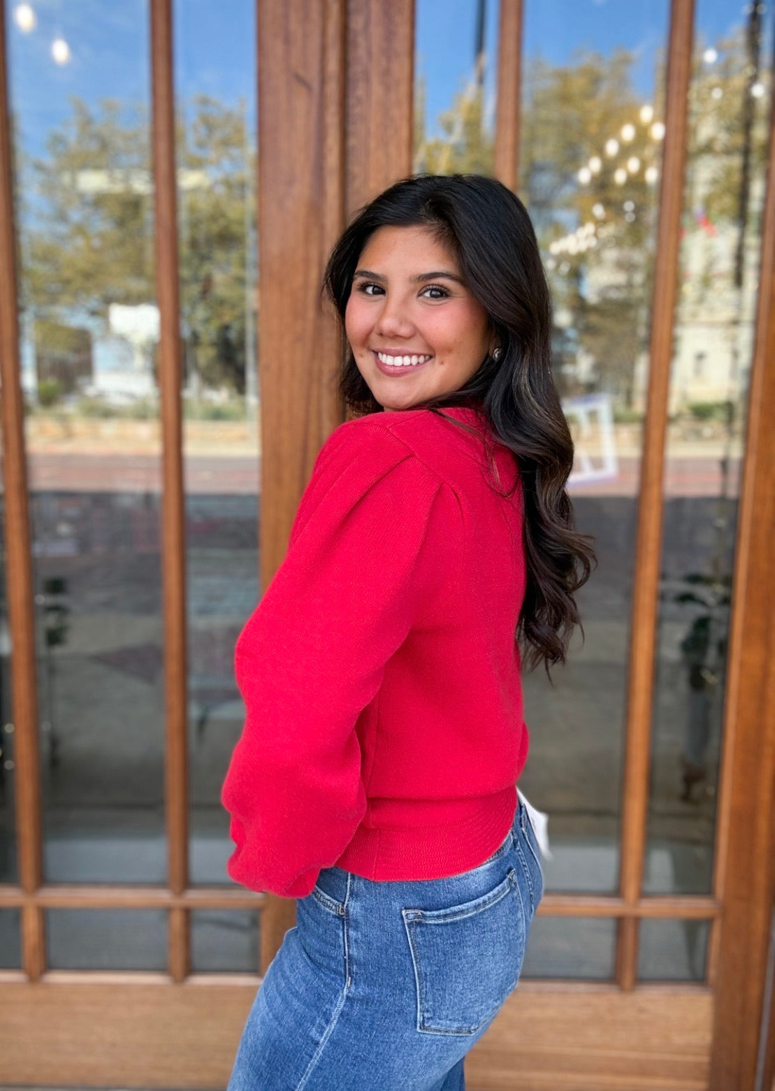 Red Mock Neck Puff Sweater