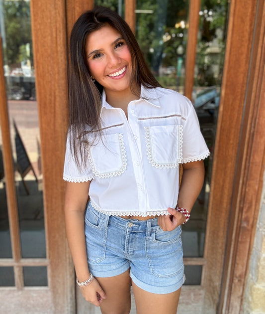 Tops | Blouse Off White Lace Trim Cropped