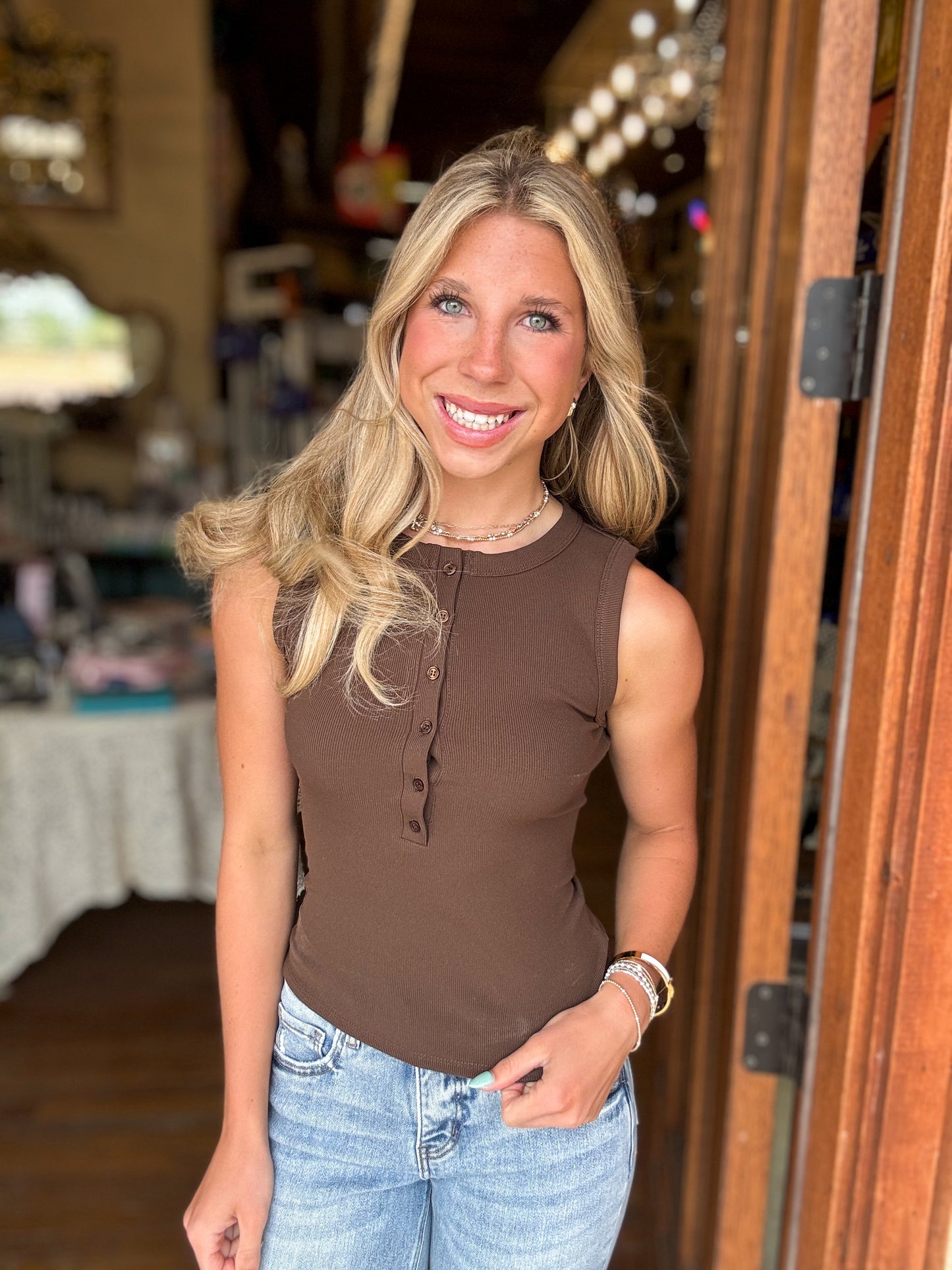 Tank - Brown Sleeveless Henley Knit