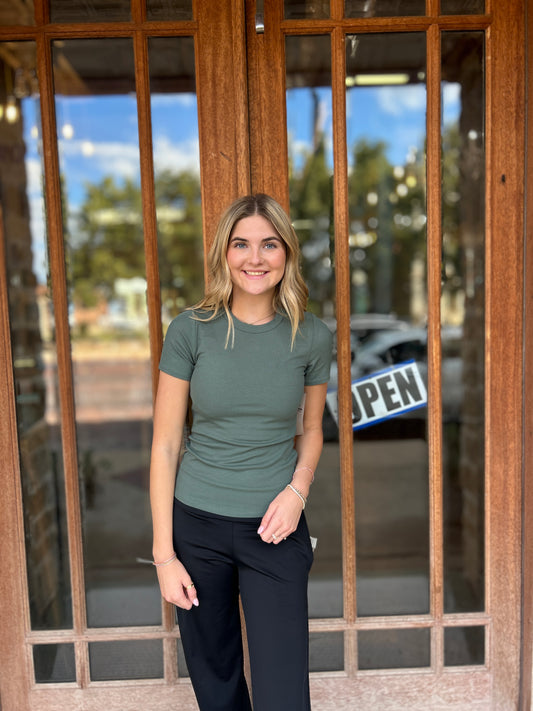 Athleisure | Essential Short-Sleeved Micro-Ribbed  Top: SILKY PINE