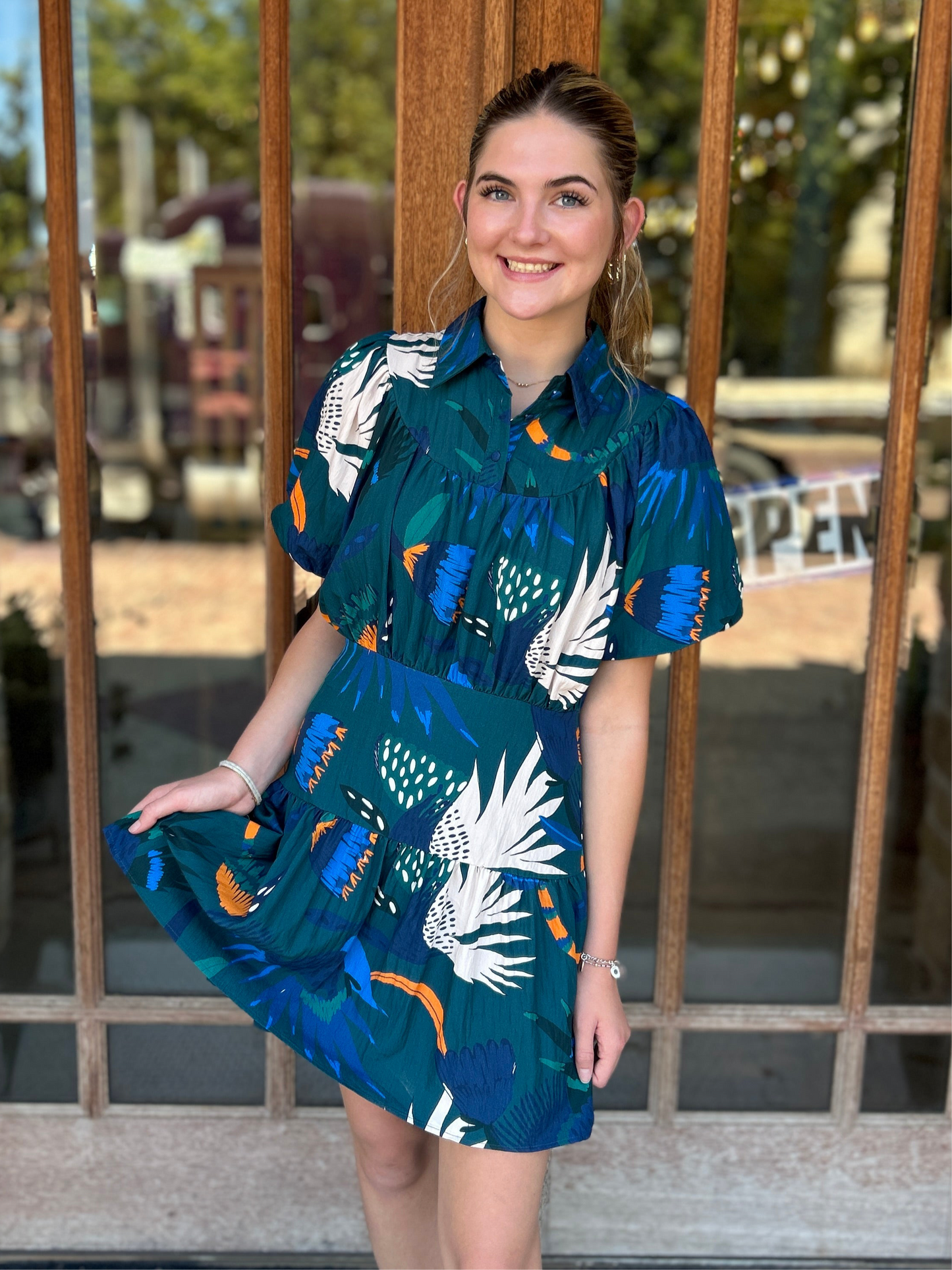 Dress | Midi Hunter Green Abstract Ruffle Sleeve