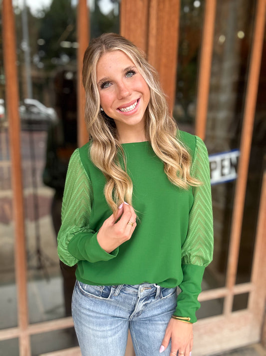 Tops | Blouse Green Semi Sheer Chevron Sleeve Button Detail
