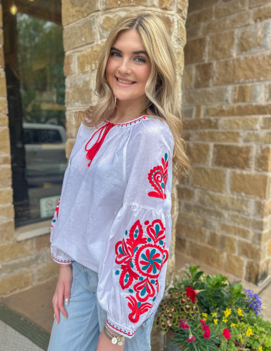 Tops | Blouse White Bodice With Long Embroidered Sleeves Tie Neck