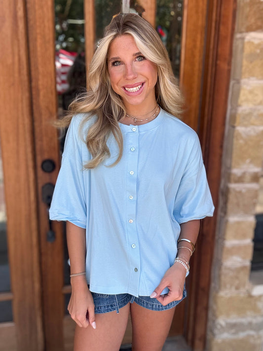 Top - Blue Oversized Button Front