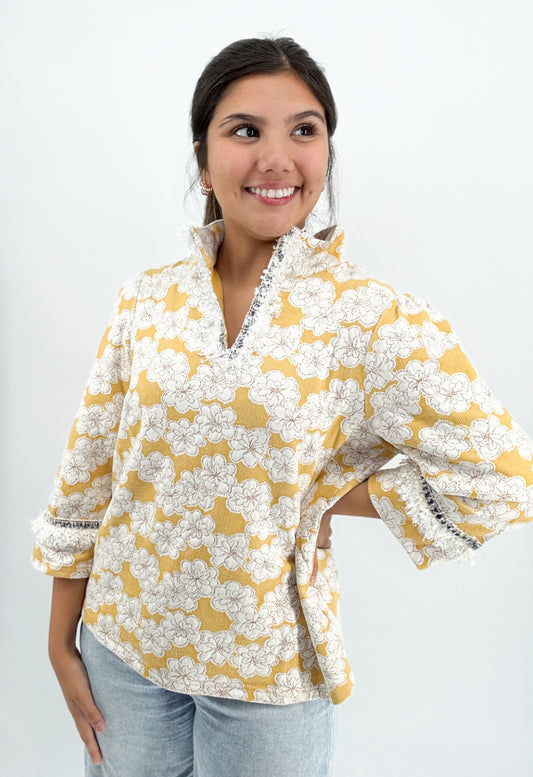 Top | Sweater Yellow Tweed Trim Detail Floral Print Knit Top