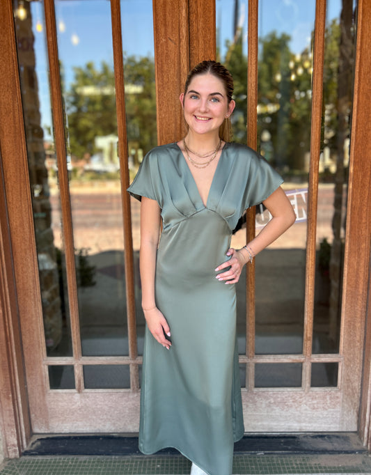 Dress | Midi Green Elegant V-Neck Dress