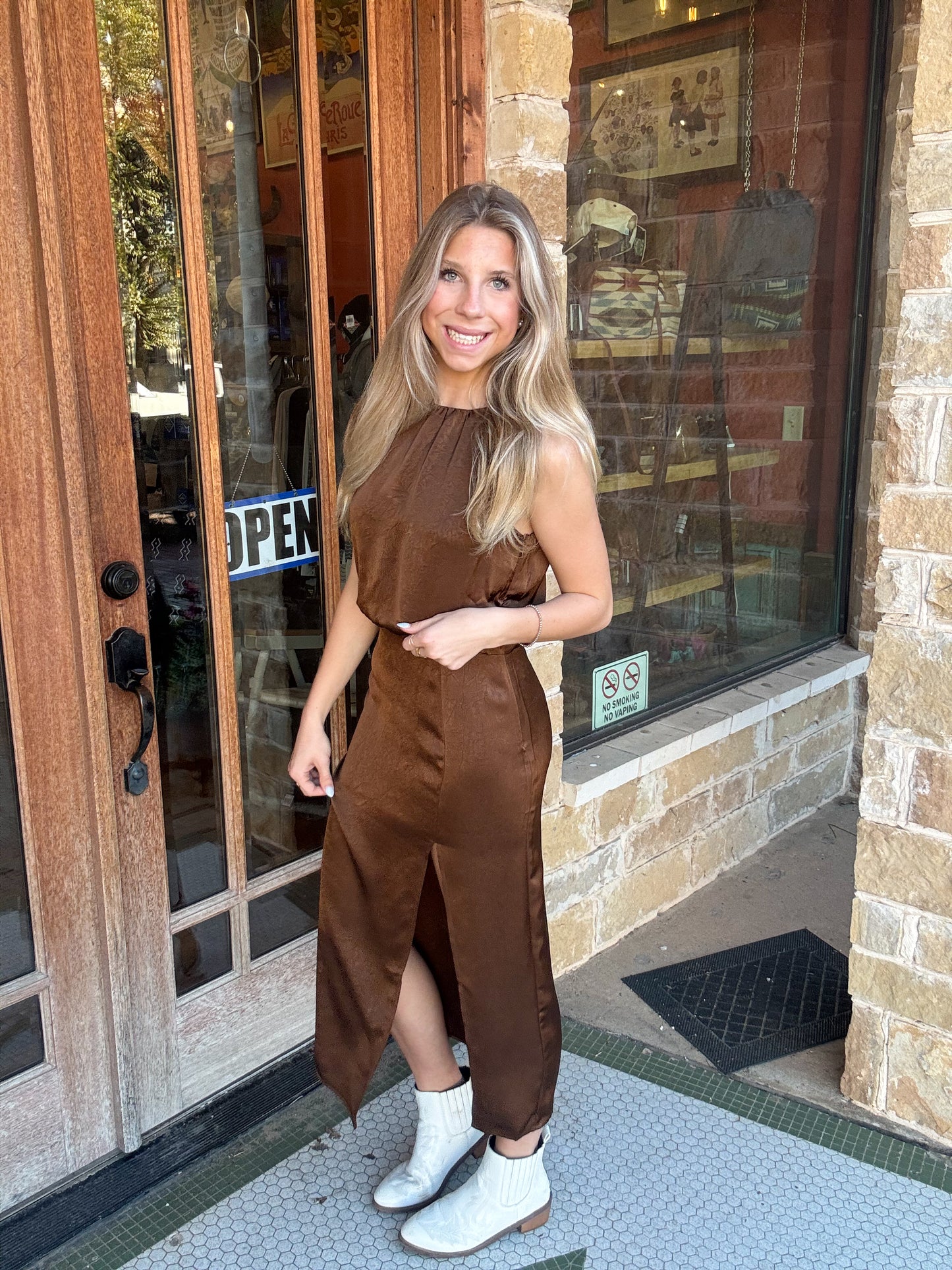 Dress | Midi Silky Side Slit Brown