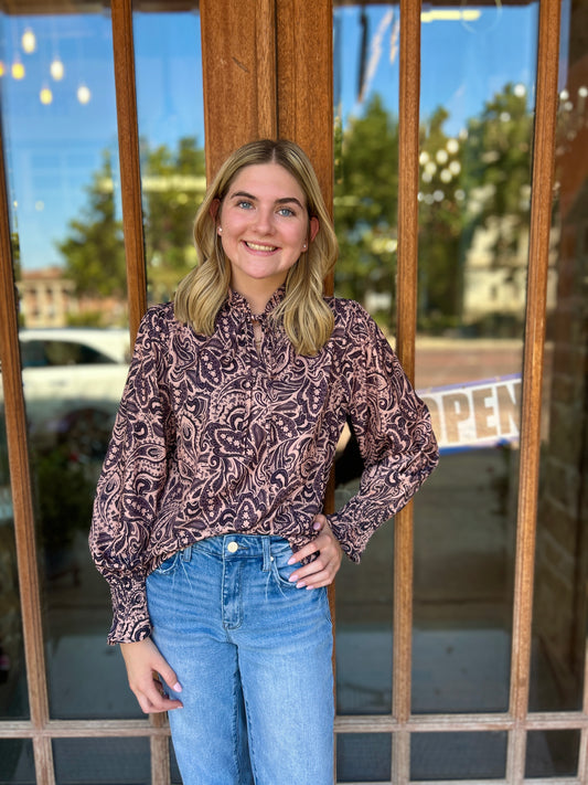 Tops | Blouse Brown Printed Long Sleeve