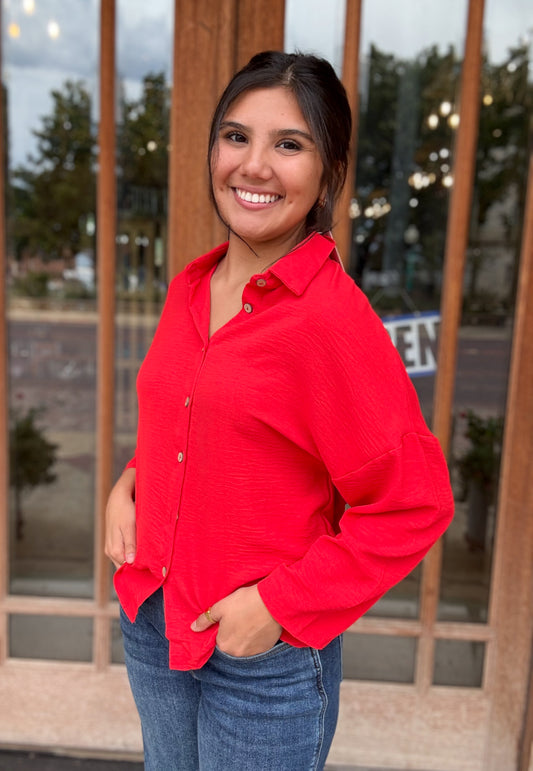 Top | Red Pleated Lapel Shirt Button Down