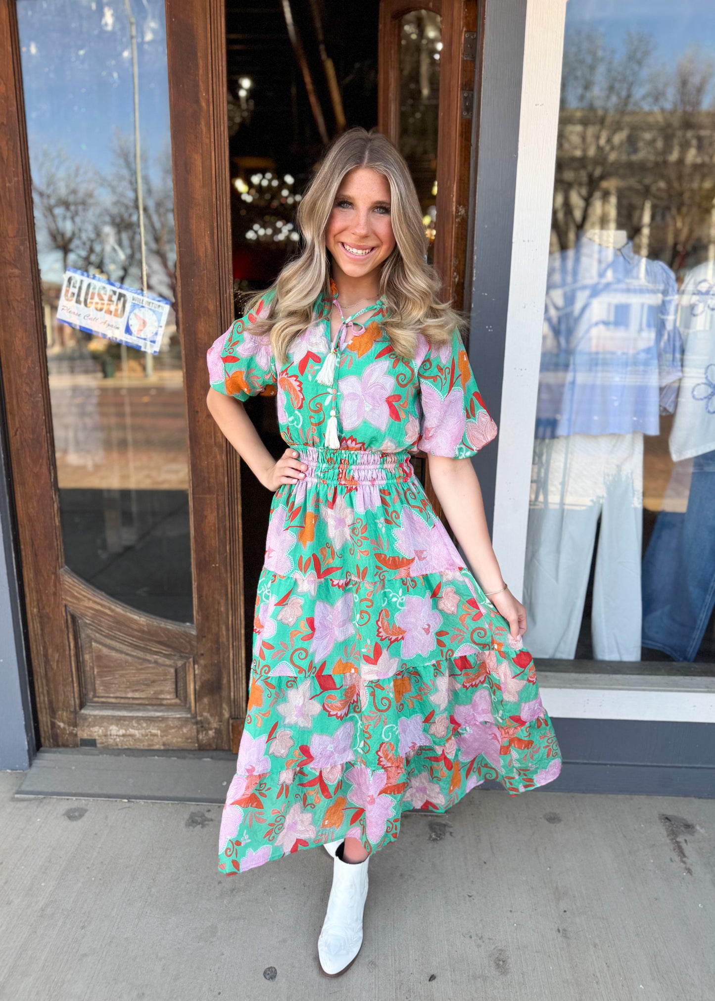 Dresses | THML Dress Maxi Teal Floral Print Tiered Tassel