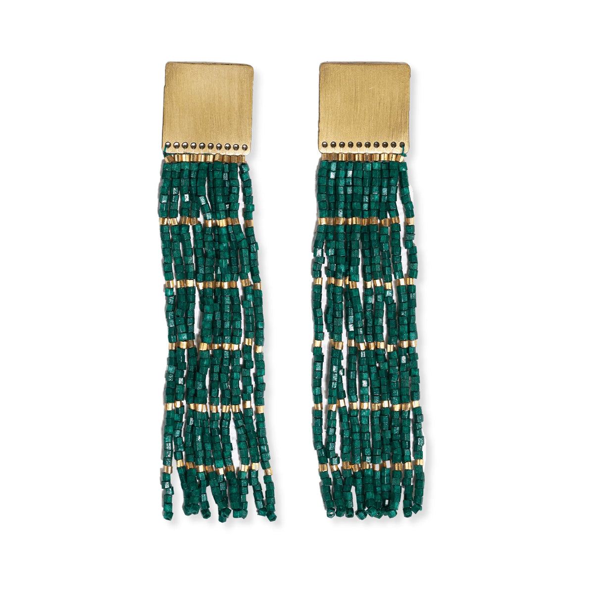 Harlow Brass Top Solid With Gold Stripe Beaded Fringe Earrings Emerald