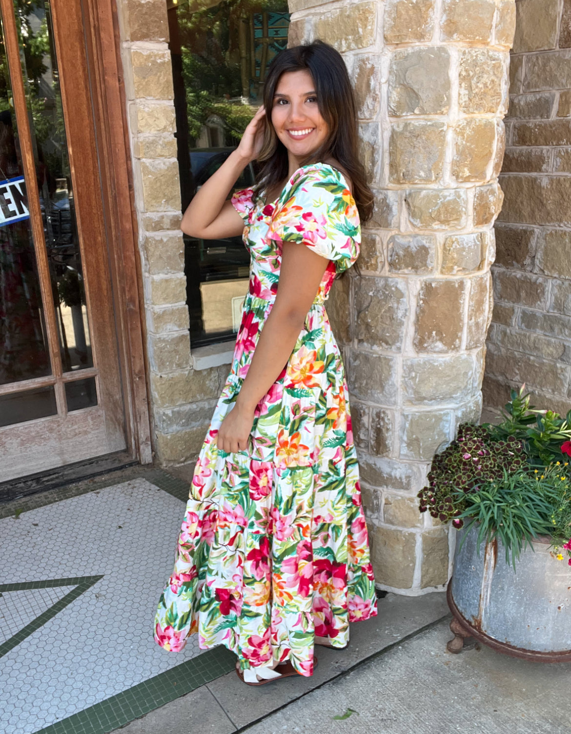 Dresses | Maxi Dress Bright Floral Tiered V-Neck With Puff Sleeves And Pockets