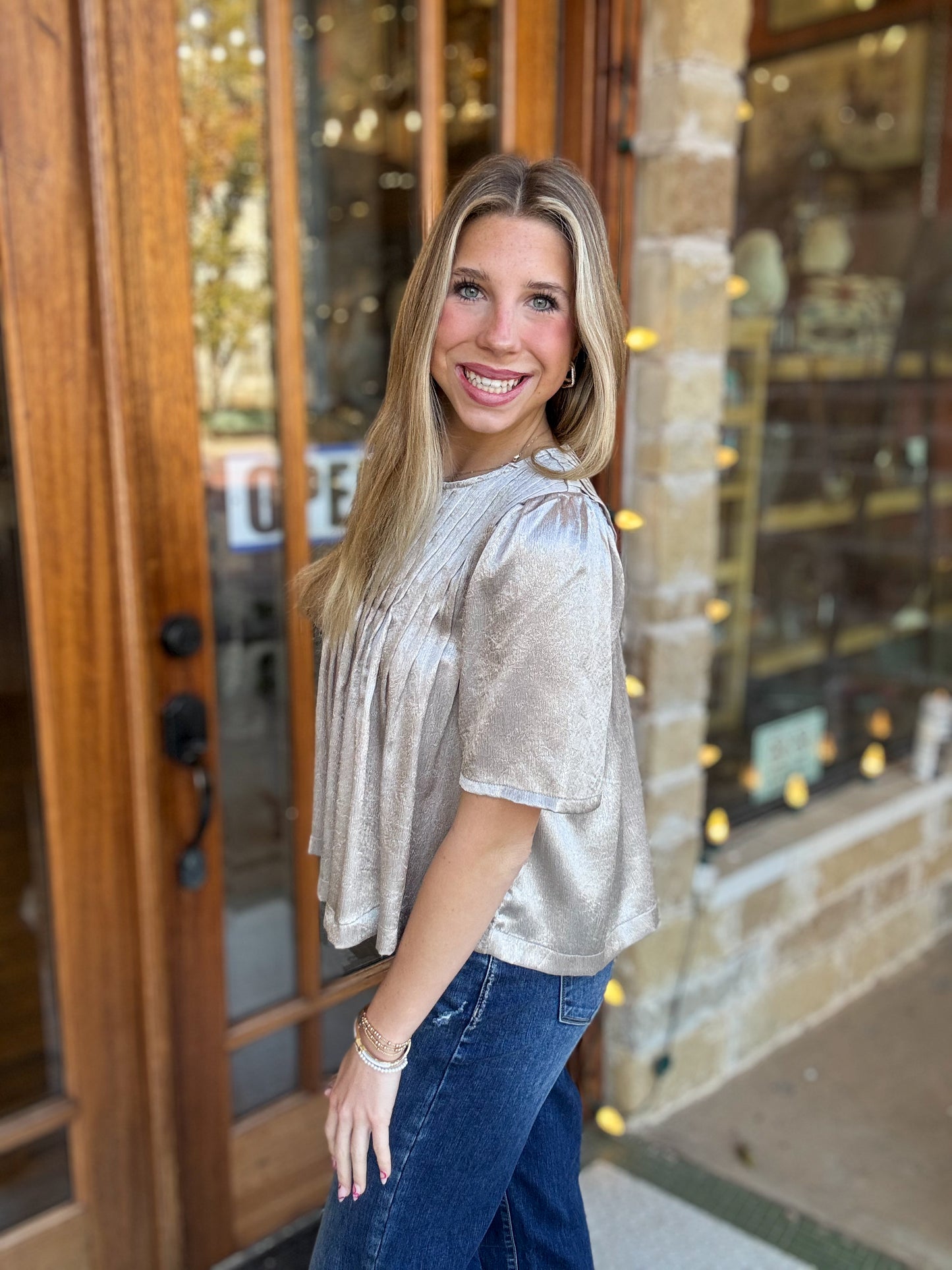 Tops | Blouse Silver Metallic Pleated Detail Round Neck