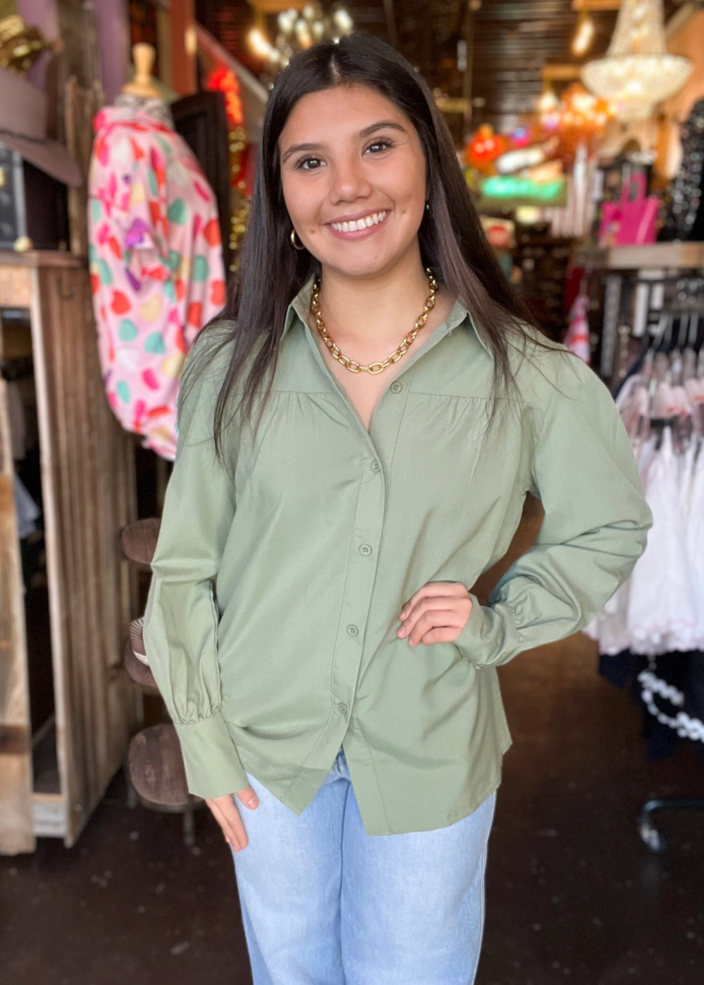 Tops | Green Collared Button Up Long Sleeve Top