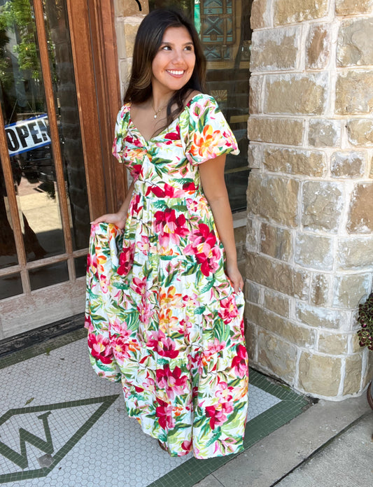 Dresses | Maxi Dress Bright Floral Tiered V-Neck With Puff Sleeves And Pockets