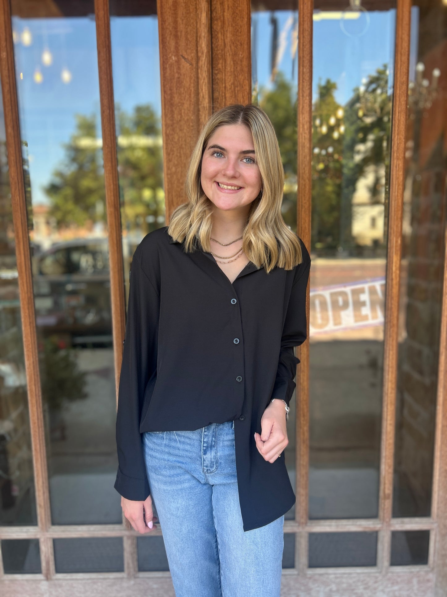 Tops | Blouse Black Solid Color Slim Fit Button Down