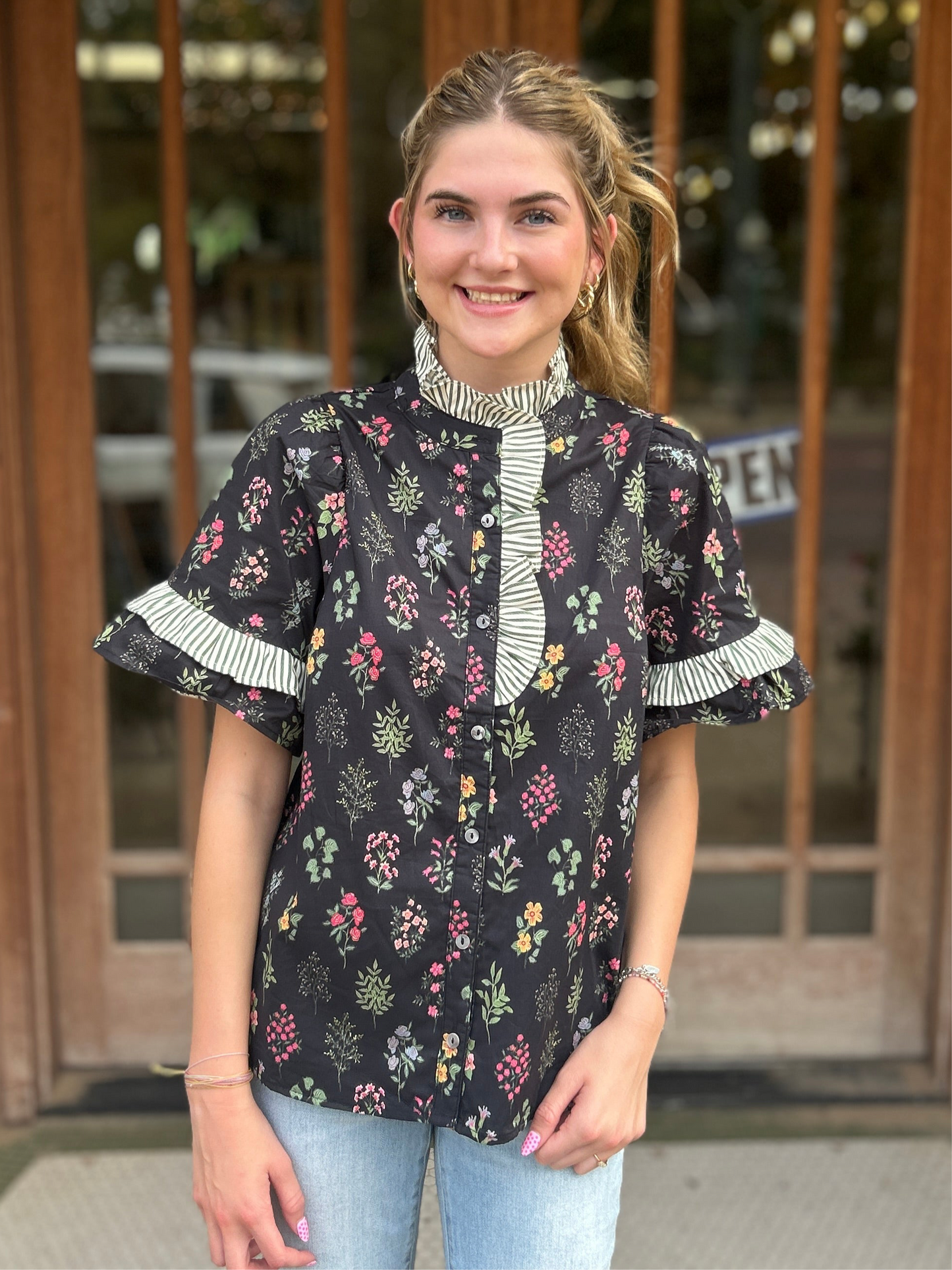 Tops | Blouse Black Multi Floral White/Green Stripe Ruffle Button Up