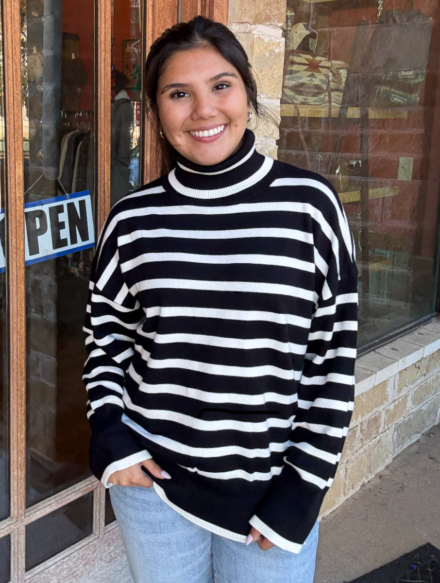 Top | High Low Long Sleeves Split Joint Side Striped High Neck Sweater Tops