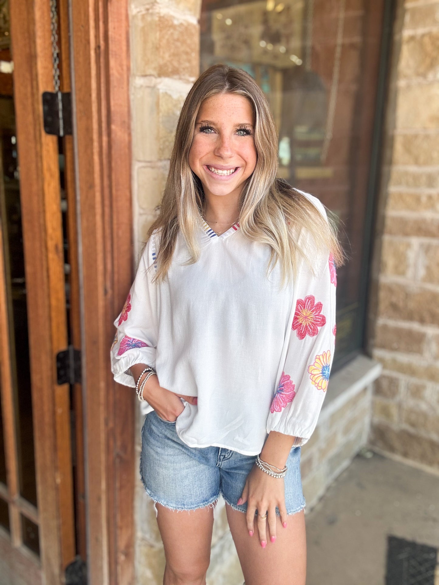 Tru Luxe White Embroidered Sleeve Split Neck Top