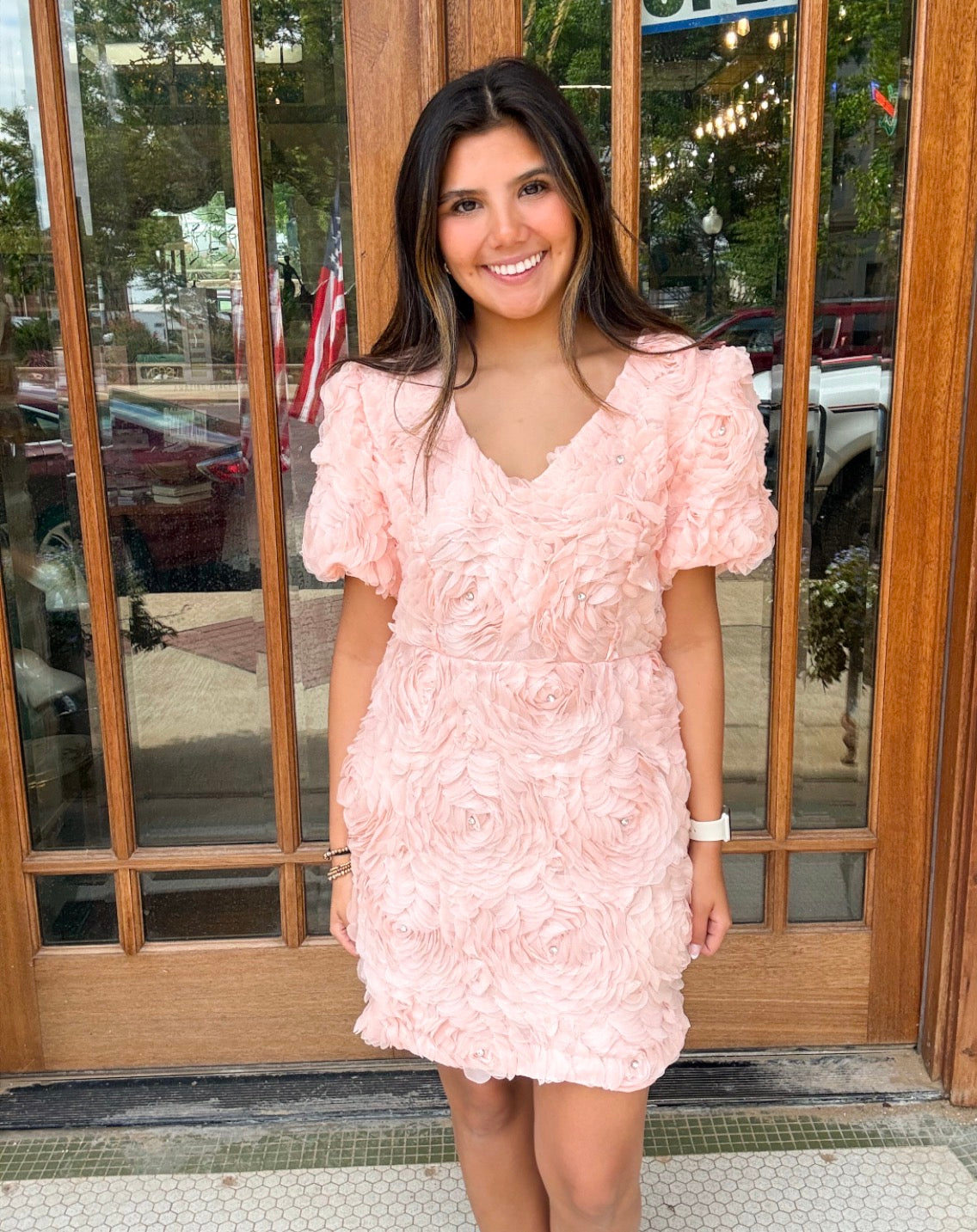 Dress - Pink Floral Puff Sleeve