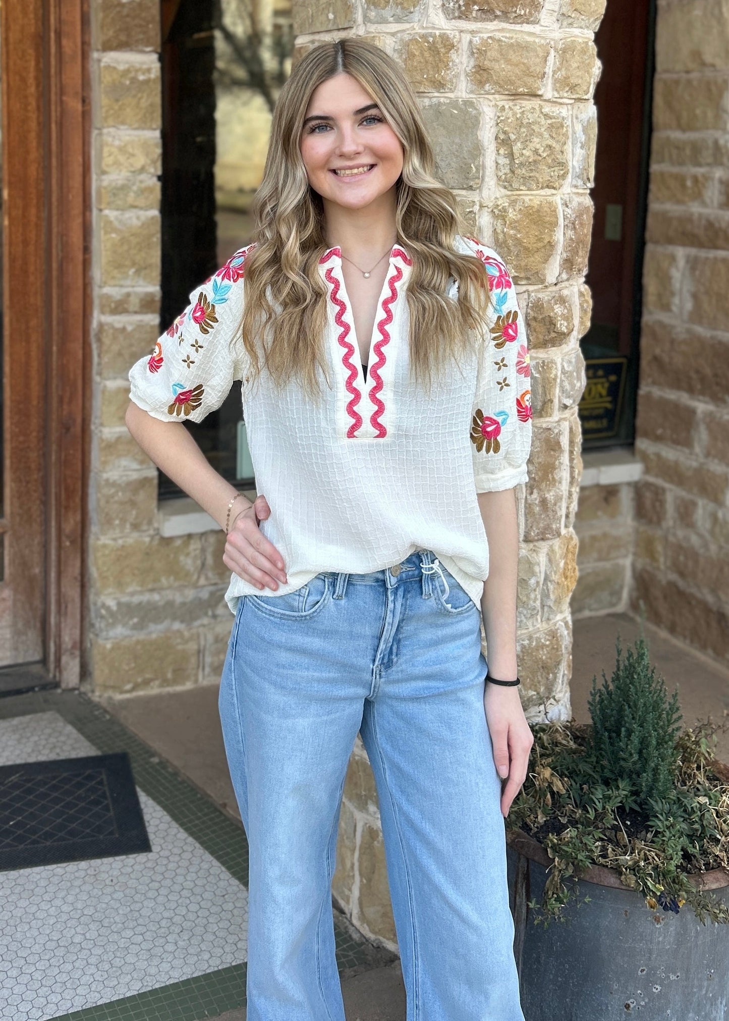 Top | Floral Embroidered Ricrac V Neck Blouse