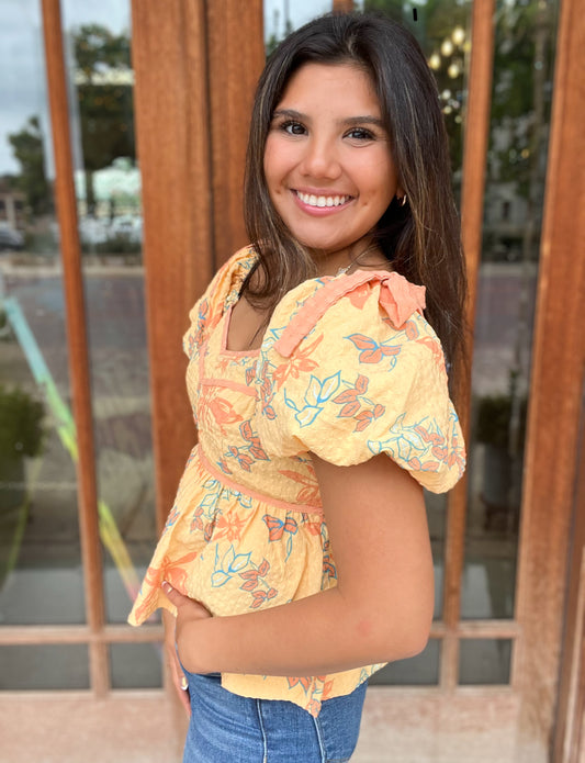 Top| Yellow Puff Sleeved Blouse With Floral Print And Bows