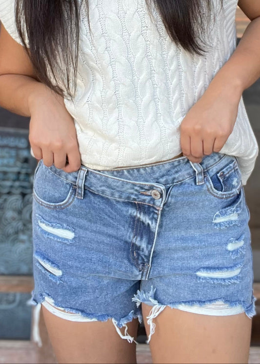 Bottoms | Sky Blue High Rise Crossover Waist Denim Shorts