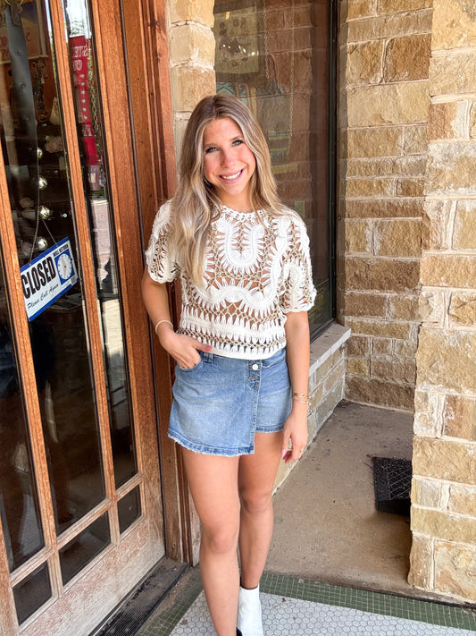 Taupe Crochet Metallic Thread Knitted Crop Top