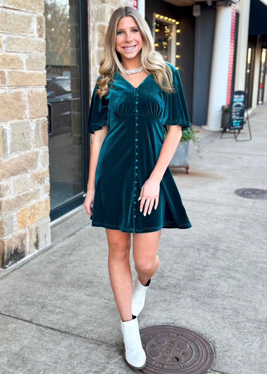 Dress | Teal Velvet V neck Knee Dress with Ruffle Sleeves