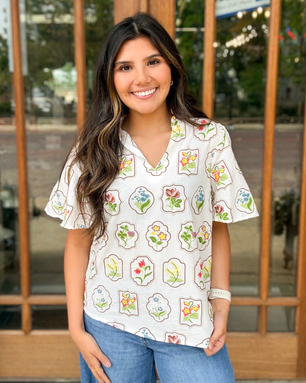 Blouse - Floral Embroidered V-Neck