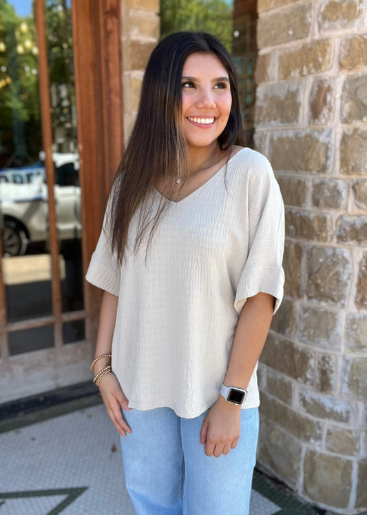 Taupe Textured Fabric Loose Fit Short Sleeve Top