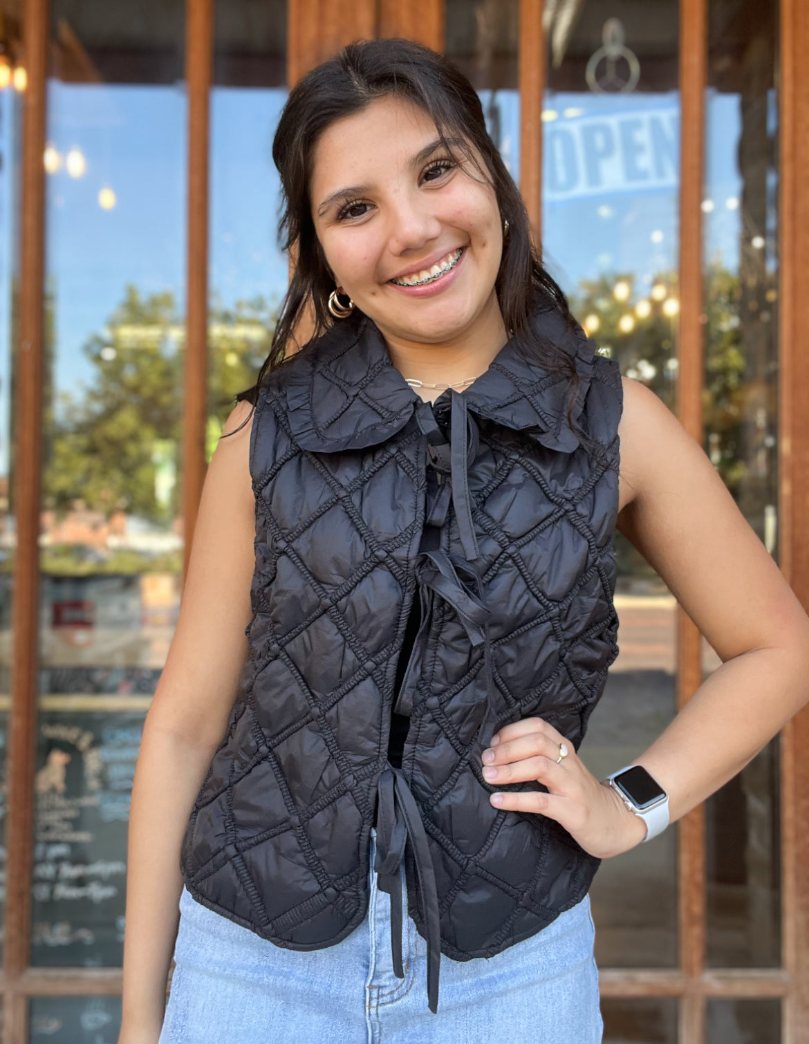 Top | Black Ruffled Over-Sized Collar Quilted Vest