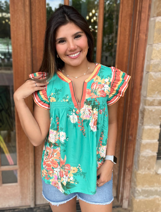 Tops | Blouse Floral Printed with Border Flutter Sleeve and Placket
